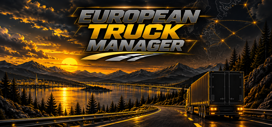 European Truck Manager promotional artwork featuring a truck on a mountain road at sunset
