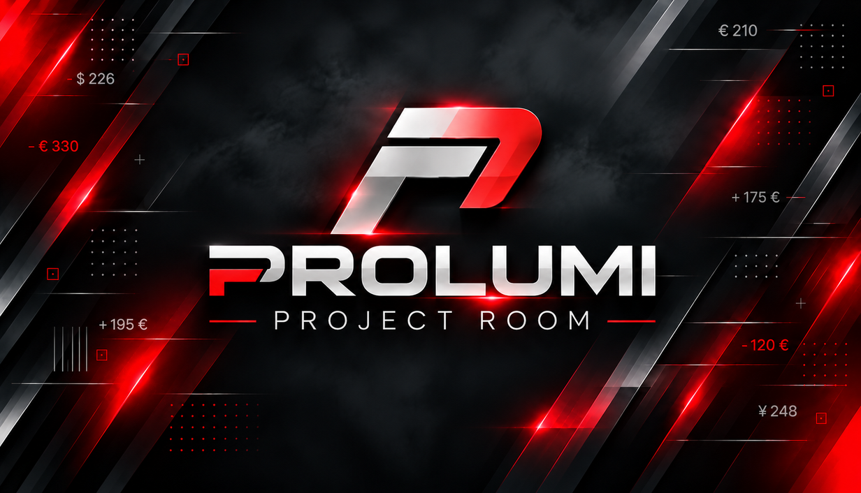 ProLumi: Project Room artwork with metallic ProLumi logo and red and black geometric background